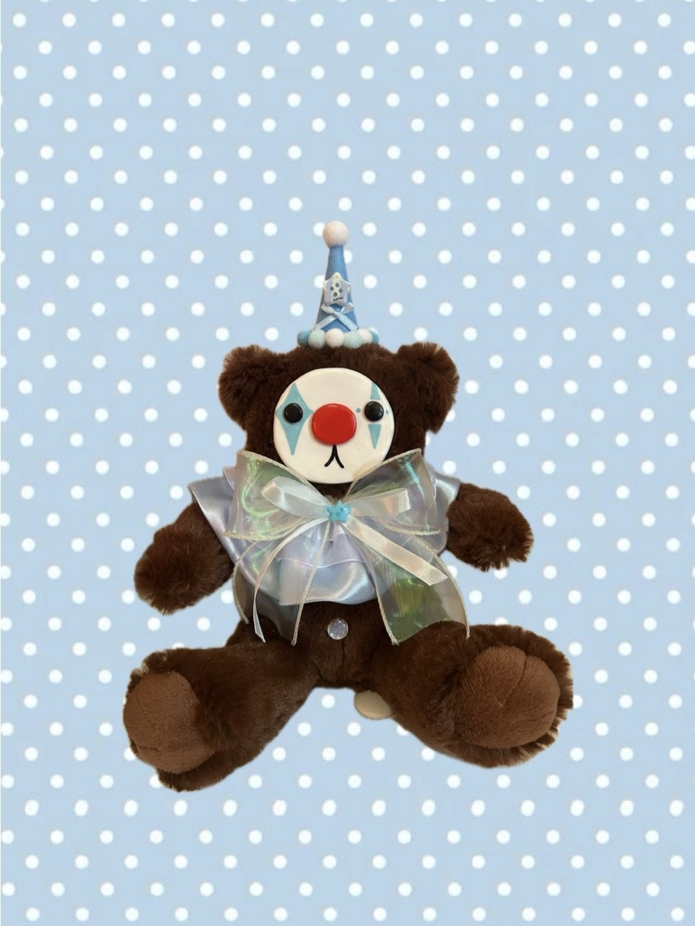 Brown Plush Clown Bear with Blue Hat and Iridescent Bow